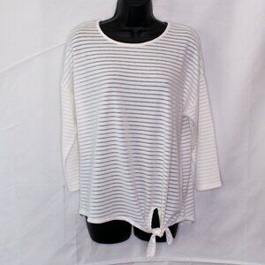Chicos Sz 1 Shadow Stripe Tie Front Top Womens M Medium Cream Knit Shirt